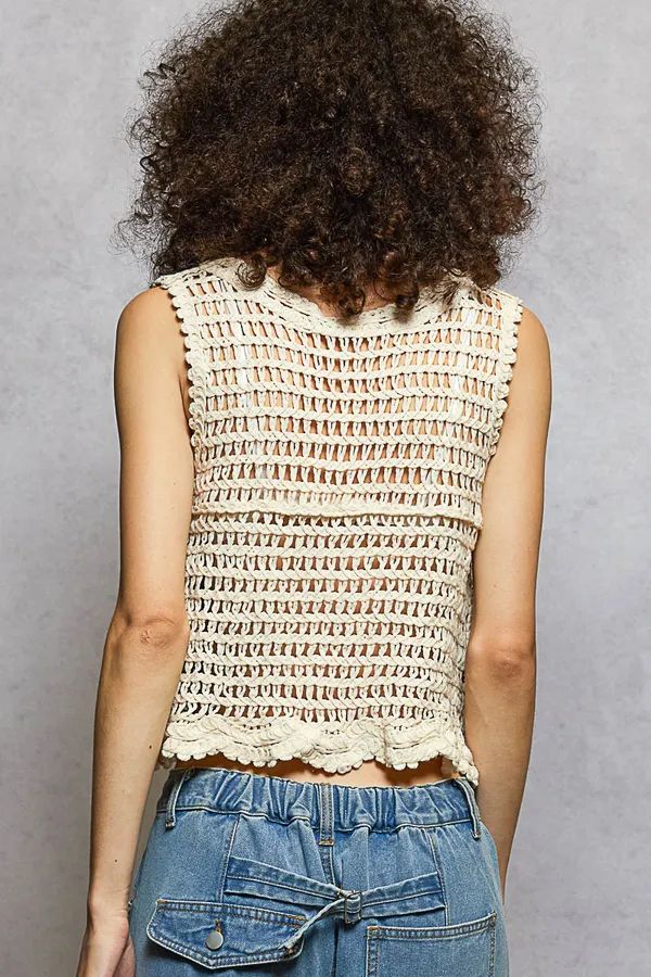 POL Round Neck Sleeveless Floral Pattern Crochet Top Blue - Image 3