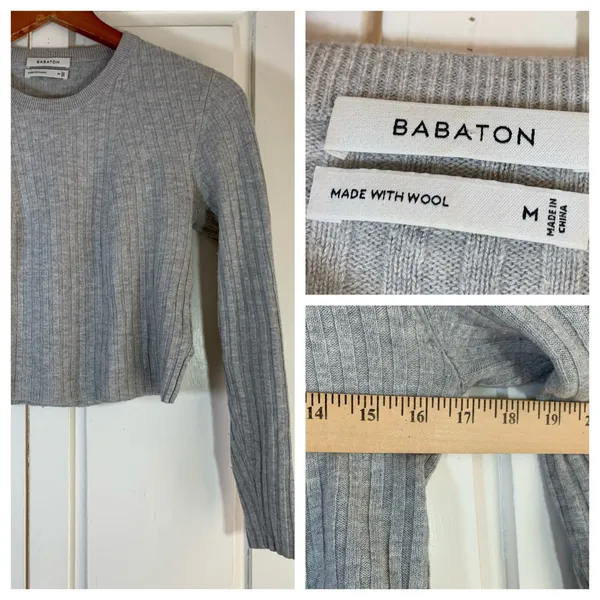 Babaton Aritzia Gray Wool Linen Ribbed Cropped Sweater Medium Neutral‎ Cozy - Image 8