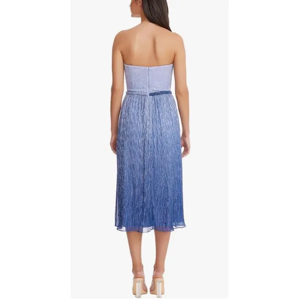 Dress The Population Blue Ombre Strapless Pleated Metallic Midi‎ Dress New - Image 3