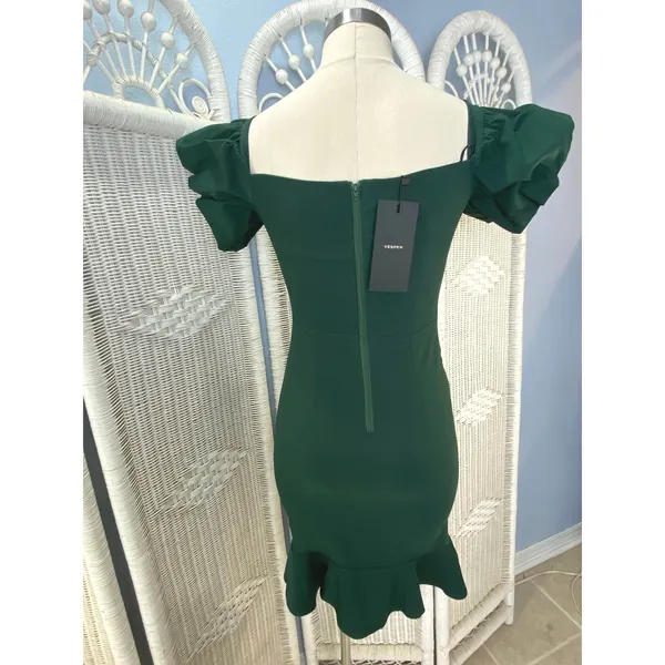 Vesper London Emerald Green Ruffle Hem Sweetheart Midi Dress Party Glam Sz 10‎ - Image 6
