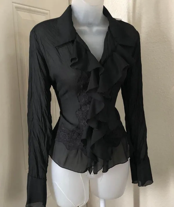 Whimsygoth gothic grunge steampunk Black lace & ruffle button shirt blouse top long flare sleeves office siren core dark academia Y2K - Image 4