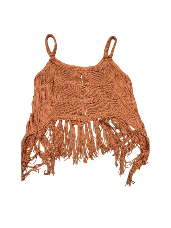 Women’s Crochet Fringe Tank Top Size S Rust Orange Boho Festival Crop Top - Image 2