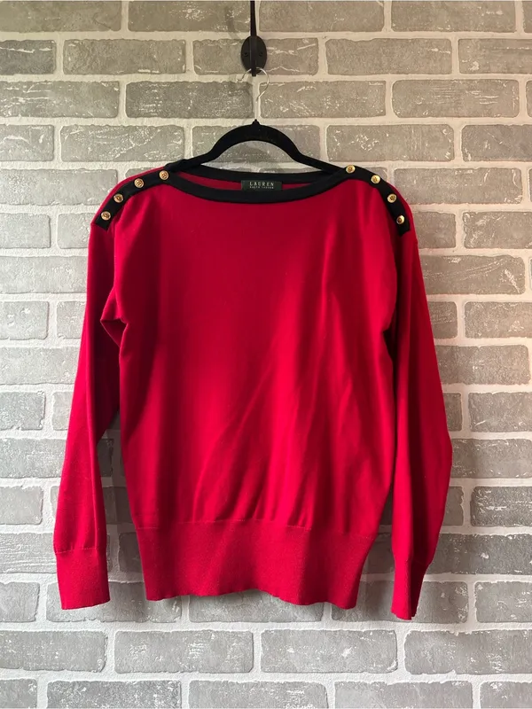 Lauren‎ Ralph Lauren Red Black Gold Button Shoulder Sweater Med Preppy Nautical - Image 3