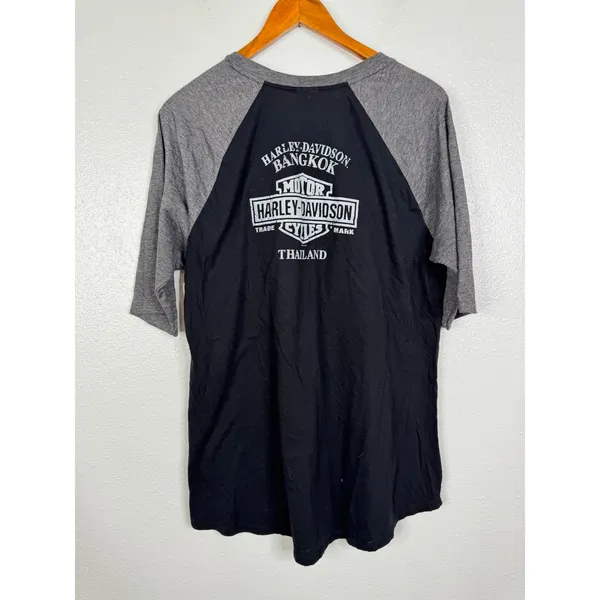 Harley-Davidson Bangkok Thailand Raglan V-Neck Graphic Tee Black Grey 1X - Image 2