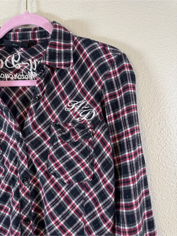 Harley Davidson Red Black Plaid Button Down Shirt Womens L Embroidered Flannel - Image 10