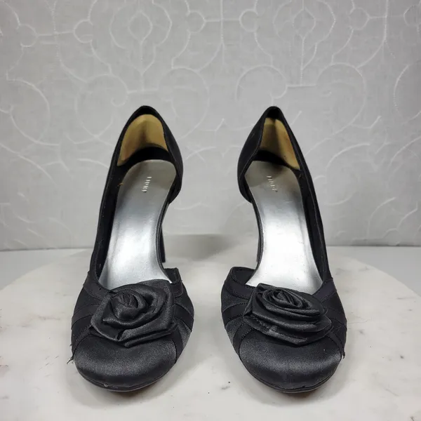 Fioni Dress Pumps Womens‎ 8.5 Black Satin Rose Stiletto High Heels Formal - Image 7