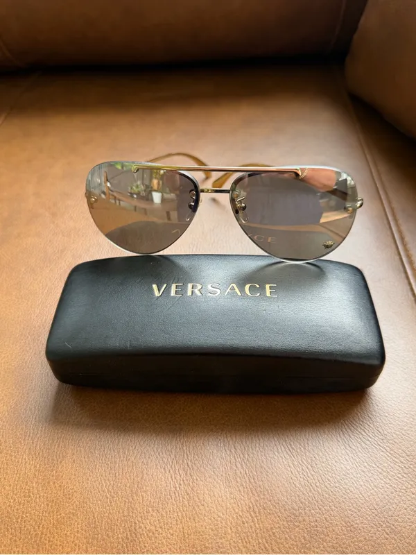 Versace VE2231 Black and Gold Medusa Rimless Aviator Sunglasses with Case - Image 14