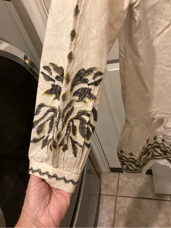 Cream Embroidered V-Neck Mini Dress with Black & Gold Motifs - Image 6