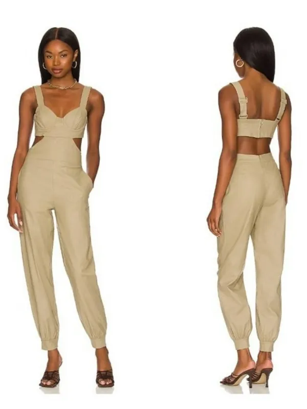Majorelle Revolve Ameera Linen Cotton Structured Bodice Jumpsuit Taupe Green - Image 12