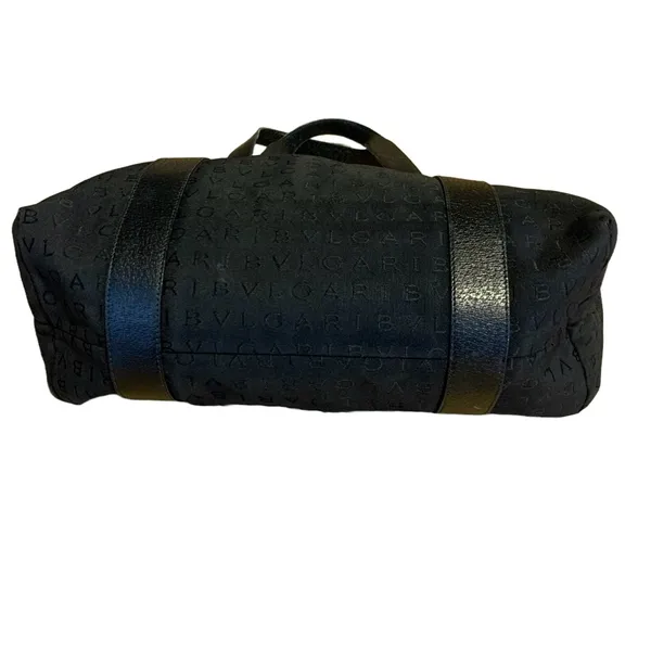 Bvlgari "Logo Mania" Black Signature Print Canvas Tote Bag With Leather Trim - Image 5