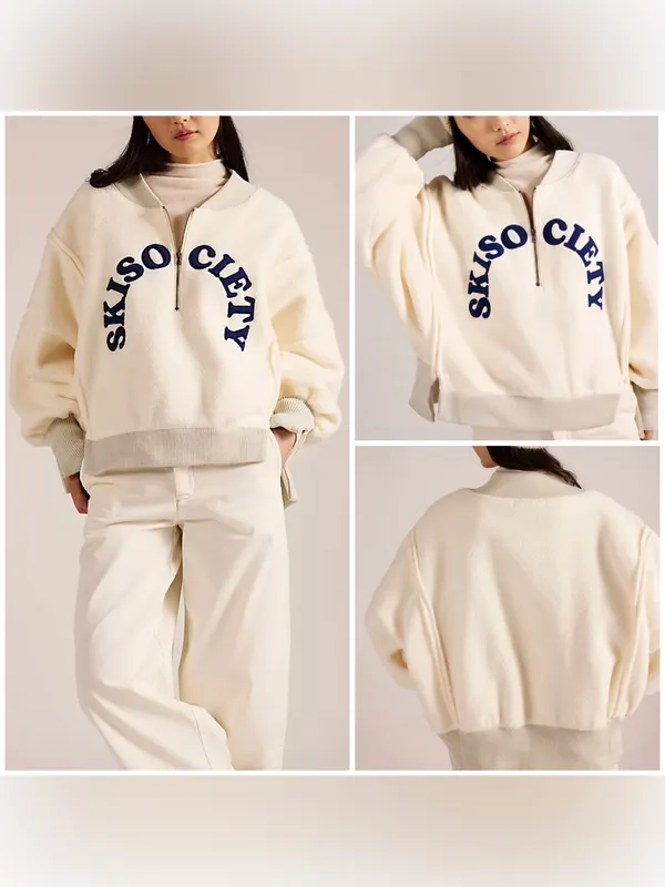 NWT Free People Tricia Fix Ski Society Quarter Zip - ivory white navy - Large - Image 2