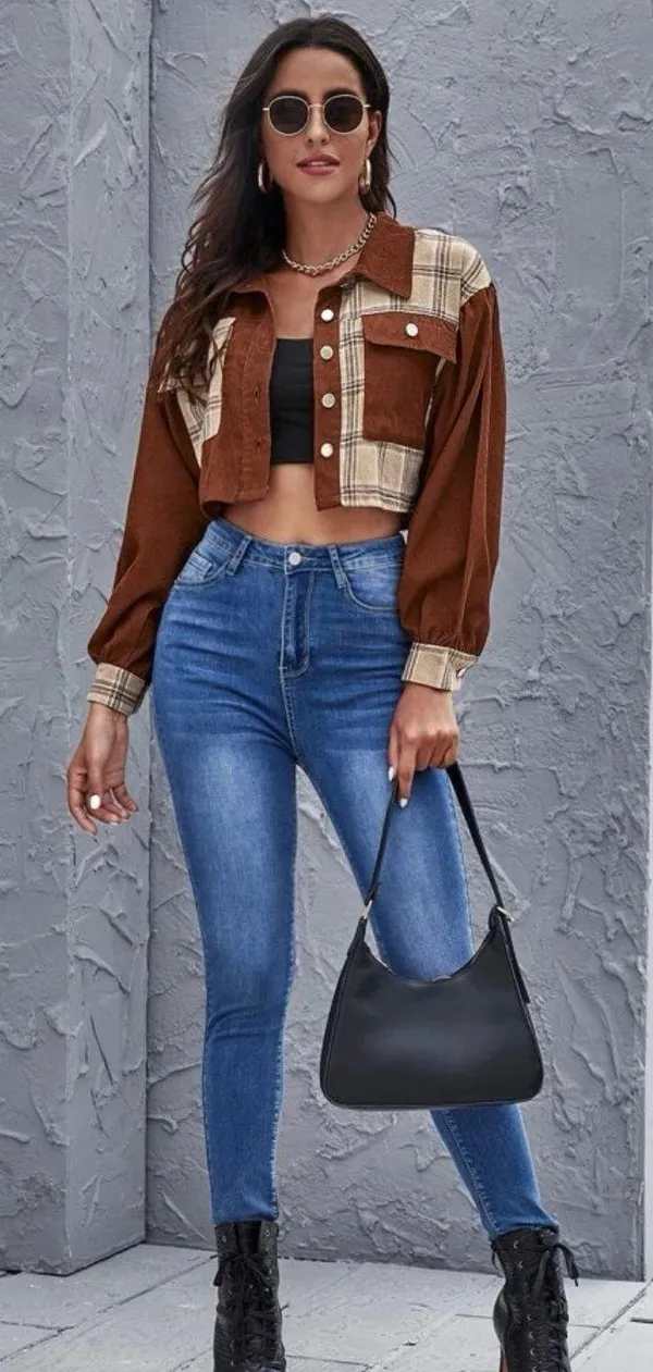 Cropped Flannel Jacket Brown - Image 3