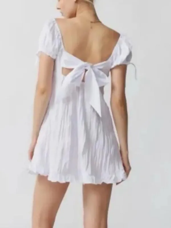 Kimchi Blue White Pleated Short Sleeve Bow Back Babydall Mini Dress Size XS - Image 2