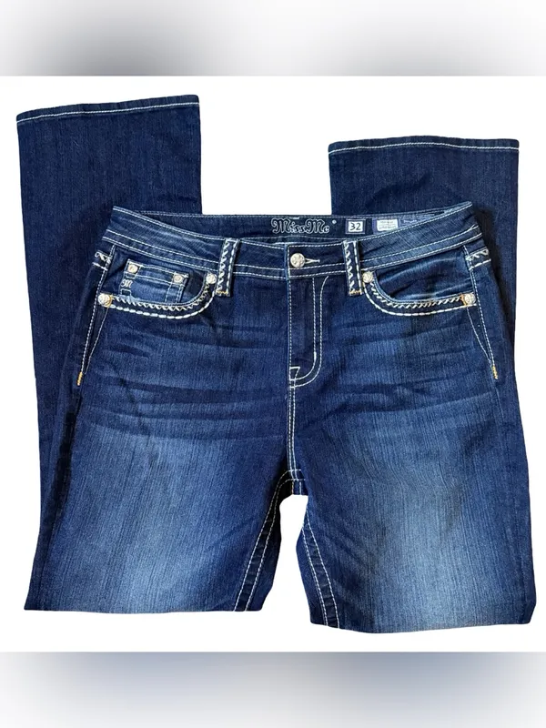 Miss Me Dark Wash Bootcut Jeans • White Stitching • Rhinestone Back Pockets • 32 - Image 3