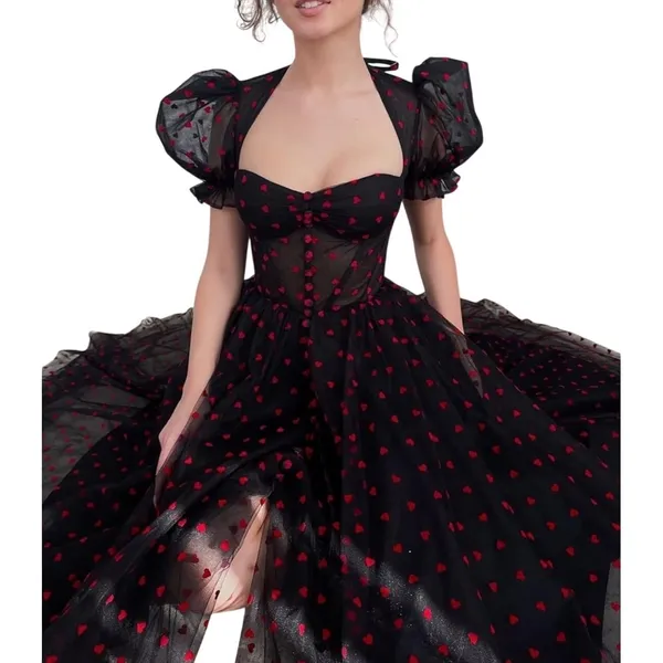 Heart Print Tulle Corset‎ Midi Dress Small Black Red Goth Coquette Prom Formal - Image 4