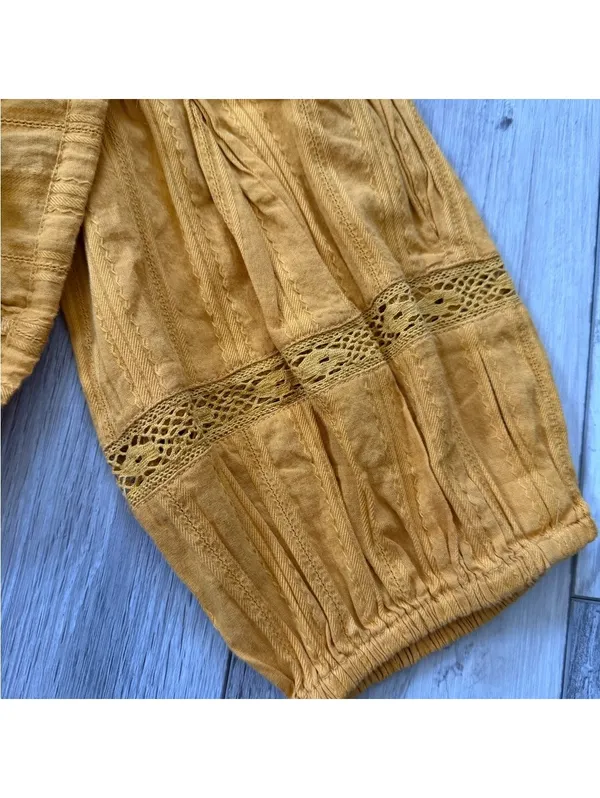 Free People Follow Your Heart Golden yellow Embroidered Lace Blouse size medium - Image 9