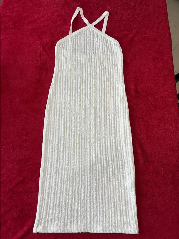 Zara White Cable Knit Cross Neck Halter Dress M Quiet Luxury Coastal ResortWear - Image 2