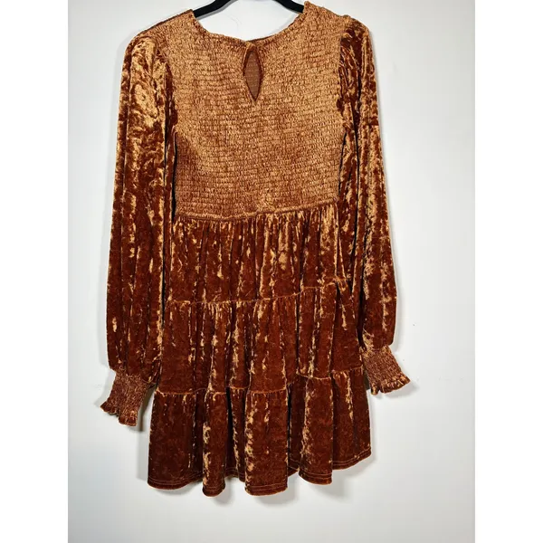 Flying Tomato Mini Dress Copper Crushed Velvet Smocked Fall Holiday Size M - Image 4
