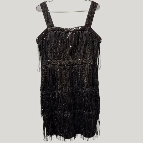 NWT RED DOT BOUTIQUE‎ Black Sequin Fringe Tassel Mini Dress - XL - Image 4
