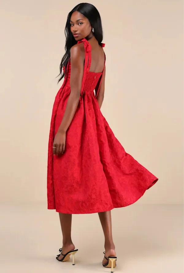 Lulus Successfully Chic Red Jacquard Pleated Tie-Strap Midi Dress - Image 2