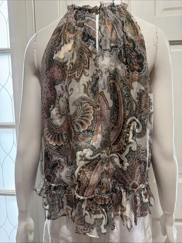 Veronica Beard 100% Silk Paisley Halter Tank - Green, Cream, Coral Size 8 - Image 9