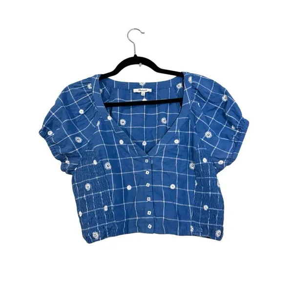 Madewell embroidered puff sleeve crop top in windowpane size 10 - Image 3