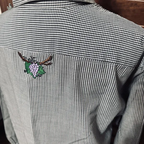 Mili Designs Vintage Gingham Fruit Embroidered Button Down Shirt Black White L - Image 5