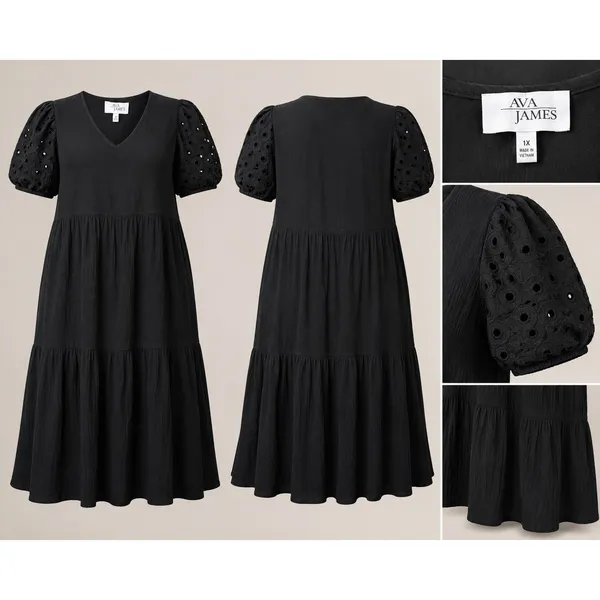 Ava James Womens 1X Black Tiered Babydoll Dress Eyelet Puff‎ Sleeve V Neck Midi - Image 2