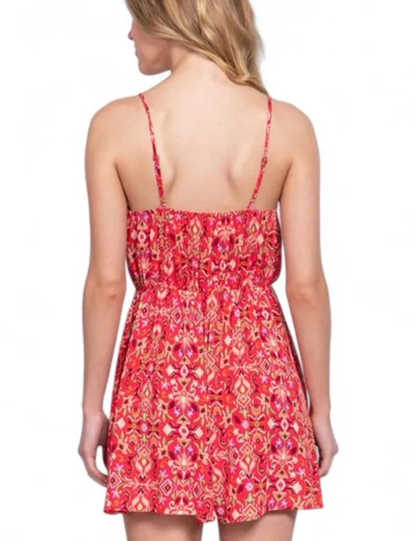Active USA Romper Sz L Red Printed Spaghetti Adjustable Strap Elastic Waist - Image 3