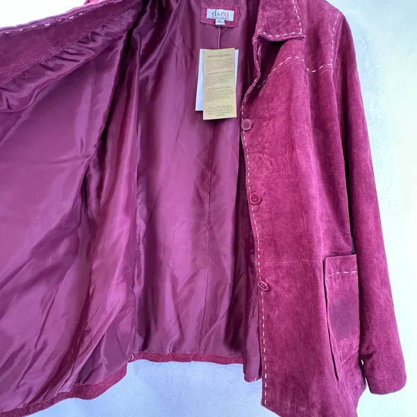 Denim & Co Burgundy Washable Leather Jacket Contrast Stitch Barn Coat Large Flaw - Image 6