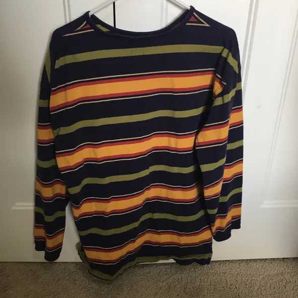 Vintage Y2K Striped Long Sleeve Tee in Navy, Yellow & Olive Womens GAP size M - Image 3