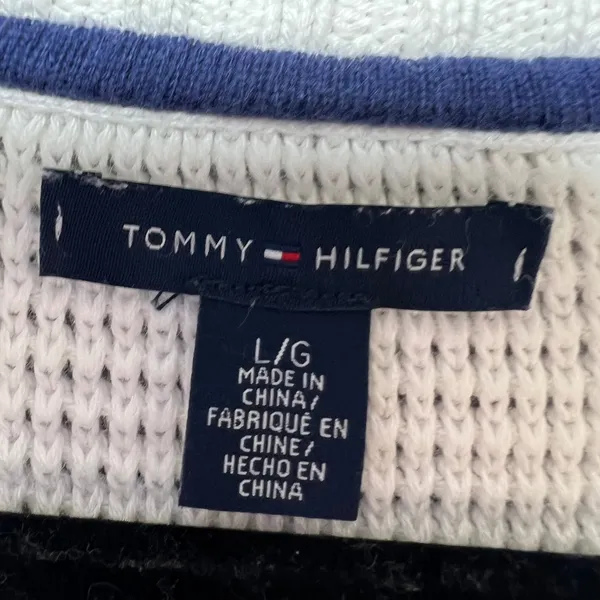 Tommy Hilfiger White V-Neck Cotton Knit Sweater‎ Womens Large Textured Pullover - Image 2