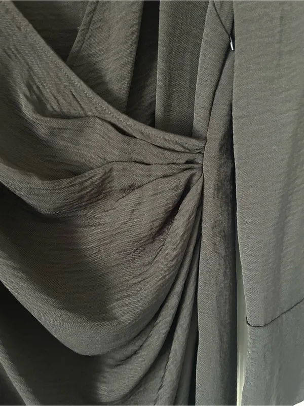 ASOS Black Draped Side Ruching Tulip Hem Long Sleeve Dress V Neck - Image 4