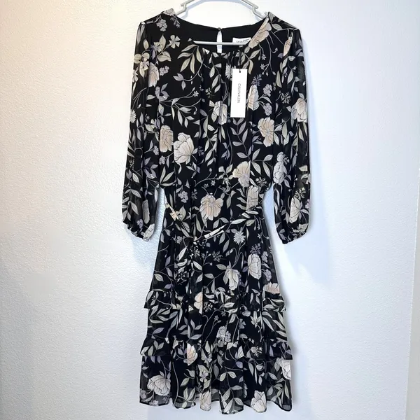 Calvin Klein Womens-XL Long Sleeve Dress with Belt & Teirs Black Floral‎ - Image 4