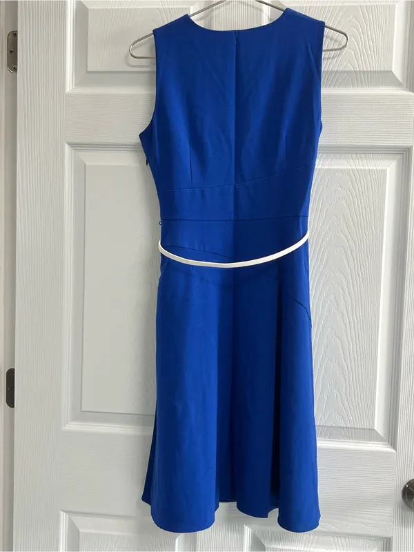 Calvin Klein Blue V-Neck A-Line Belted Lined Crepe Dress Sleeveless Size 6 VGUC - Image 2