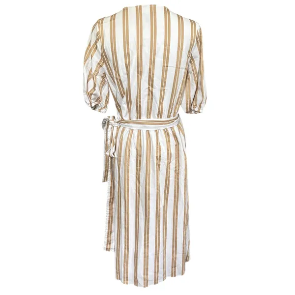 Ann Taylor Striped Midi Wrap Dress Sz M White Brown Puff Sleeves Coastal Chic - Image 4