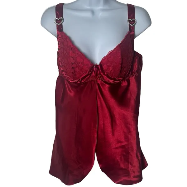 Frederick’s of Hollywood Wine Red Heart Jeweled Embroidered Teddy Top XL‎ - Image 2