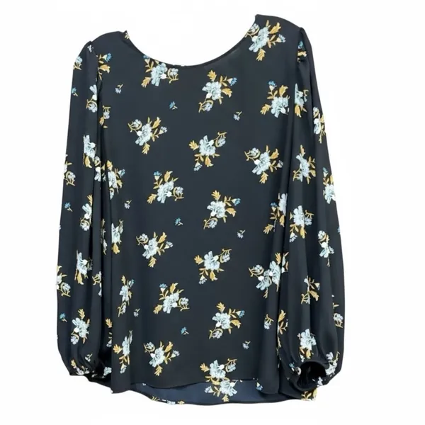 Loft Women's Size L Blouse Top Long Sleeve Blue Floral Polyester Crew Neck - Image 4