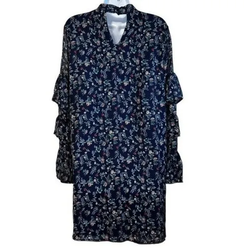 LE LIS Navy‎ Floral Long Sleeve Tiered Ruffle Trim Mini Shift Dress NWOT Large - Image 6