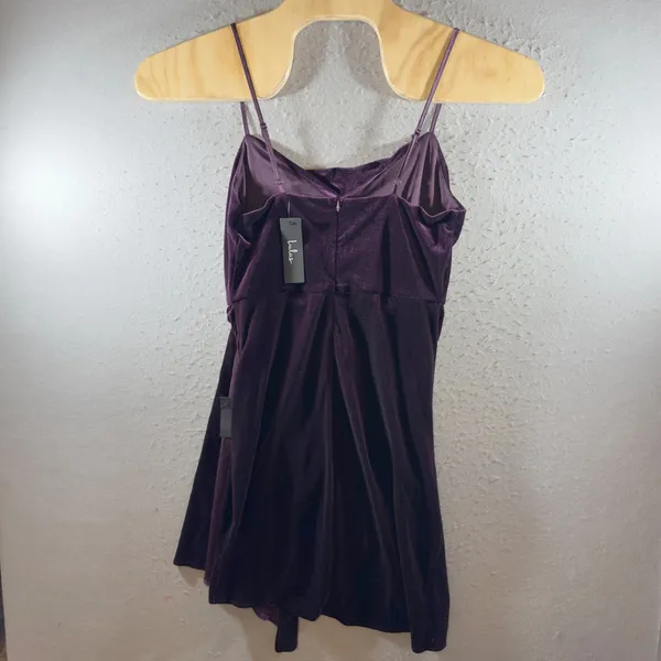 1692 | NWT Lulus Purple Velvet‎ Cowl Neck Ruched Side Drape Mini Dress Womens M - Image 3