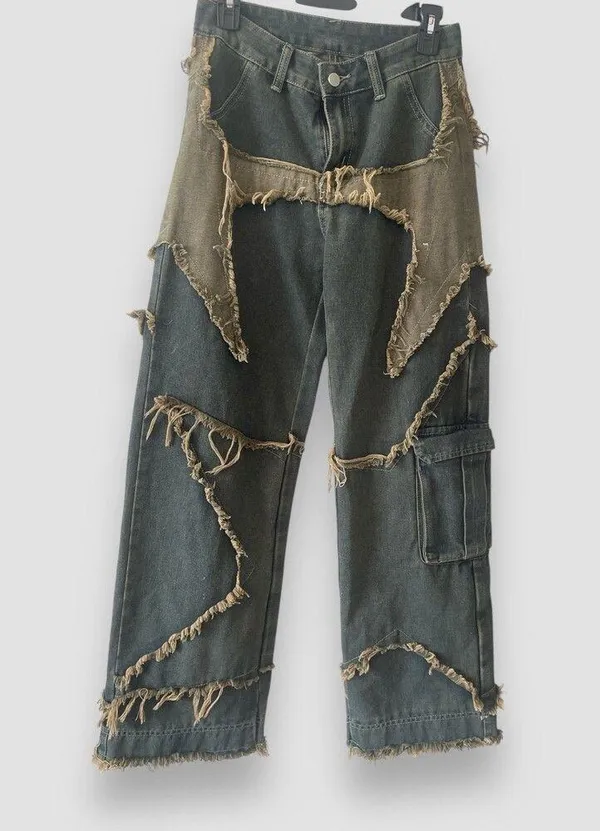 Romwe Punk Star Pattern Raw Trim Flap Pocket Cargo Boyfriend Jeans Denim Small - Image 3