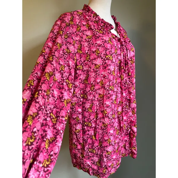 Pink Floral Tie Neck Ruffle Blouse Long Sleeve Top XL fairy boho whimsi dainty - Image 3