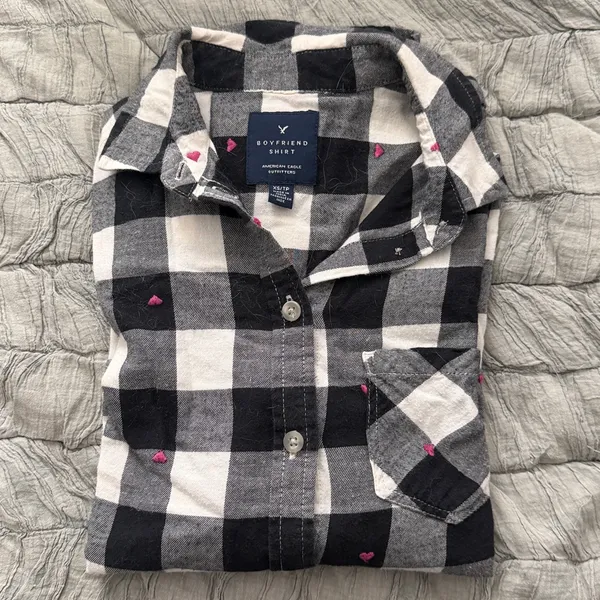 American Eagle Black and White Plaid Flannel with Pink Hearts - Image 2