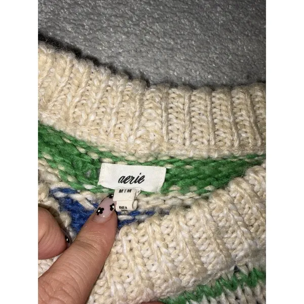 Aerie Women's M Cream Green Blue Wavy Stripe Cropped Knit Sweater Wool Blend - Image 6