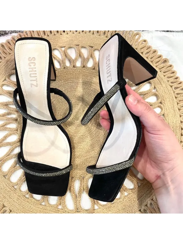 SCHUTZ Salwa Rhinestone Square Toe Heels Black Suede Block Size 7.5 - Image 2