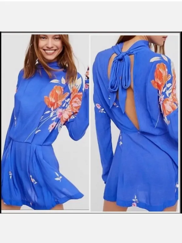 Free People Gemma Blue Floral Long Sleeve Tunic Minidress Open Back Size Medium - Image 2