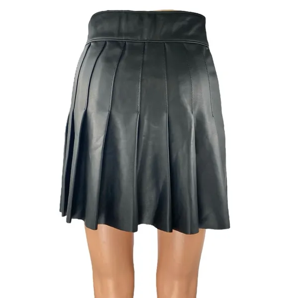 Abercrombie & Fitch Black Faux Leather Pleated Zip Mini A-line Flared Skirt XXS - Image 3