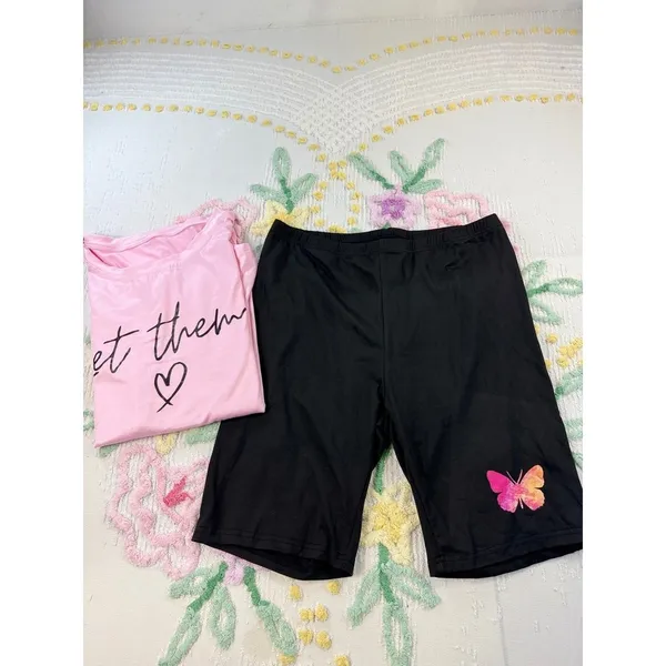 SHEIN CPink "Let Them" Graphic Tee &‎ Black Butterfly Biker Shorts oversized - Image 2