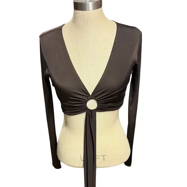 Top Chic L Long Sleeve O-Ring Wrap Crop Top Brown Y2K Clubwear‎ Night Out - Image 2