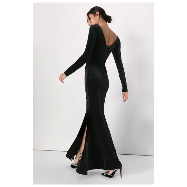 NWT Lulus Hollywood Heyday Black Velvet Long Sleeve Mermaid Maxi Dress Banquet M - Image 3